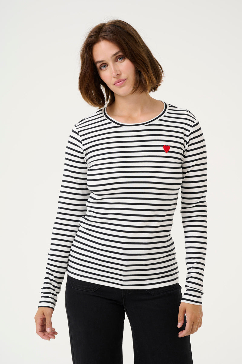 Kaffe Liddy Chalk/Black Stripe Top with Fiery Red Heart, 10502821