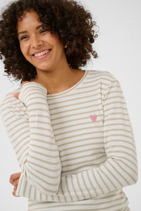 Kaffe Liddy Chalk/Feather Beige Stripe Top with Pink Heart