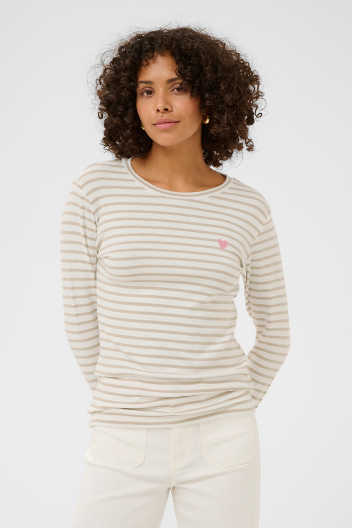 Kaffe Liddy Chalk/Feather Beige Stripe Top with Pink Heart