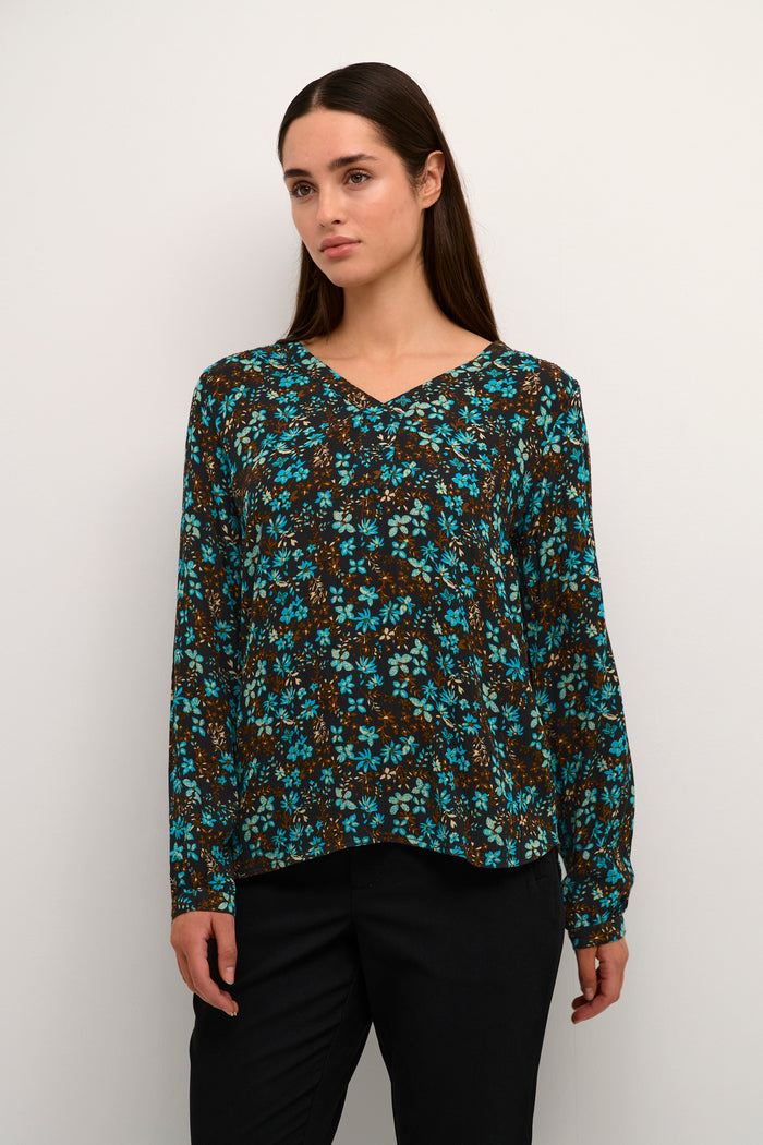 Kaffe Kamarita Amber Blue Bird Flower Print Blouse, 10507709