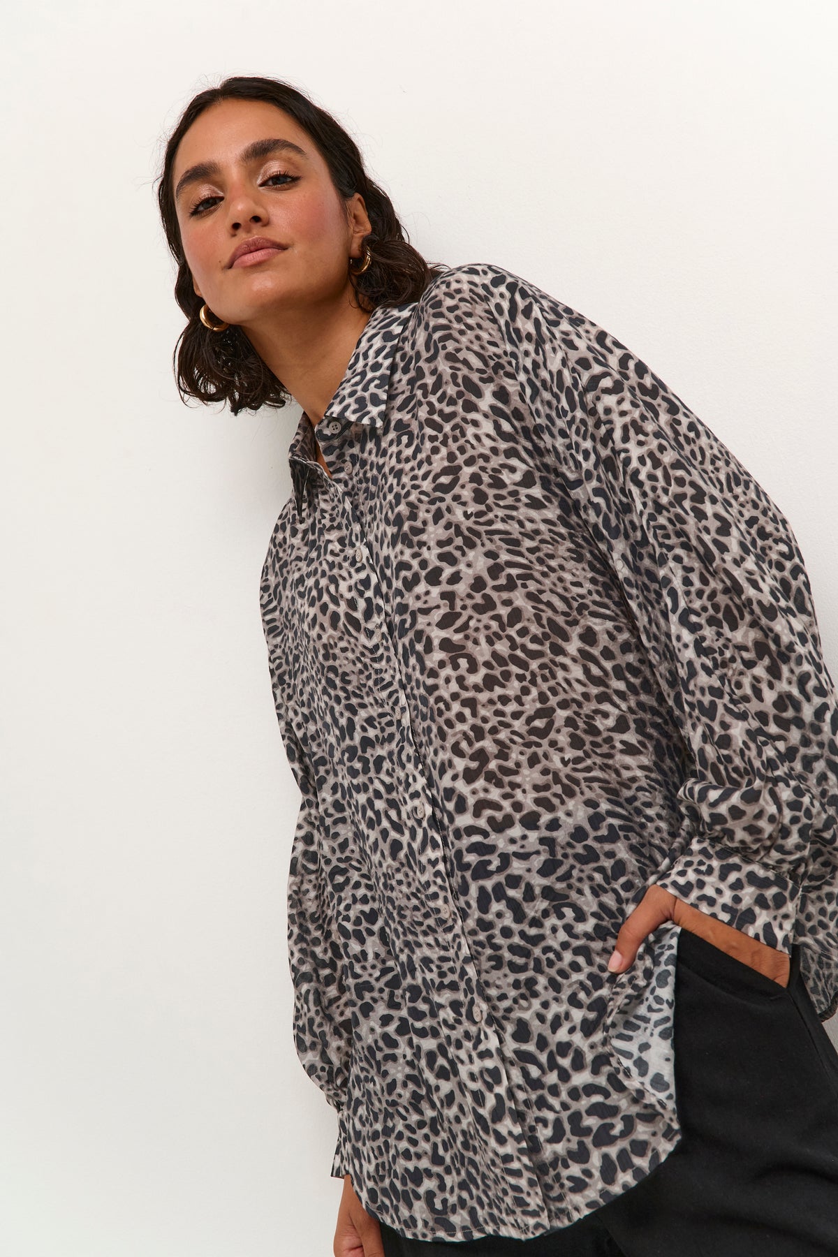 Kaffe Kavita Leopard Print Oversized Longline Shirt, 10508574