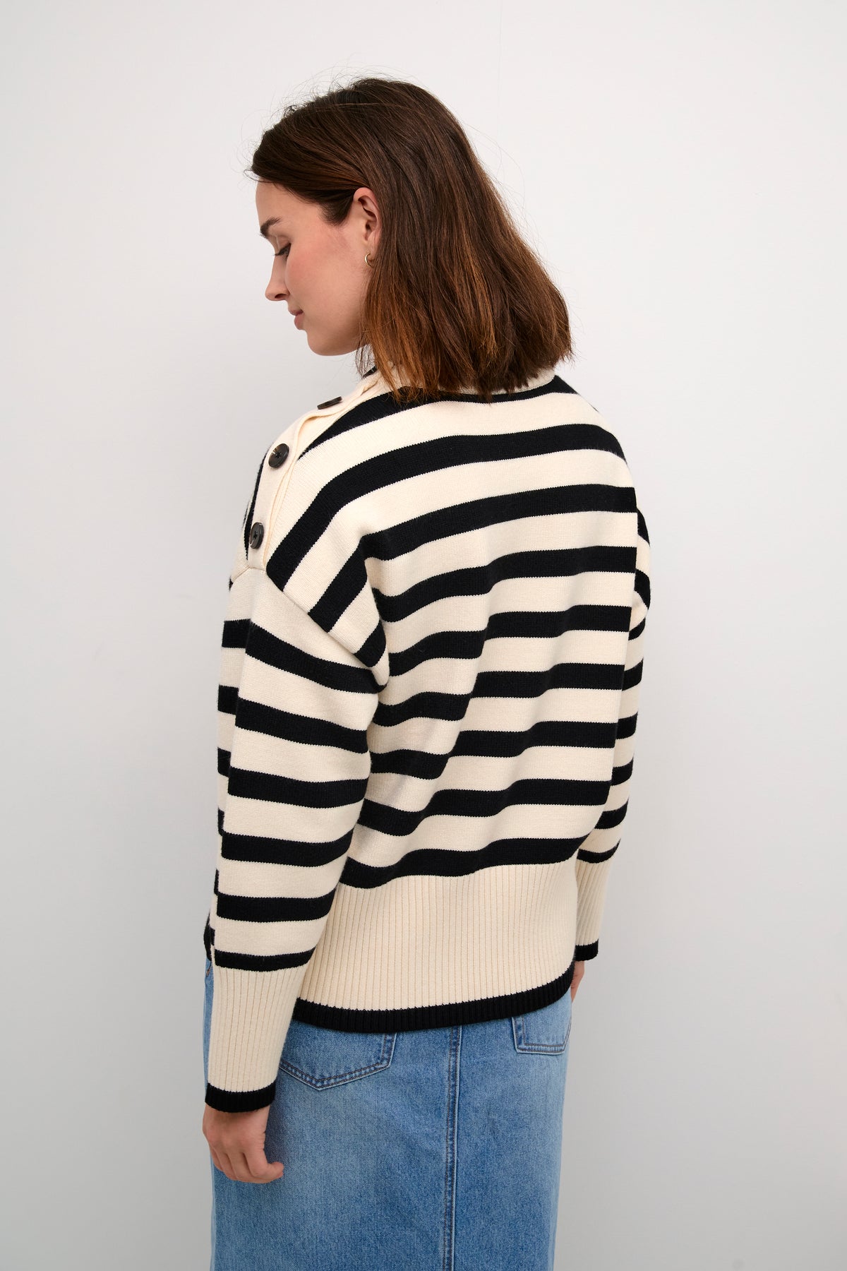 Kaffe Kamarie Antique Cream/Black Stripe Knitted Button Pullover, 10508747