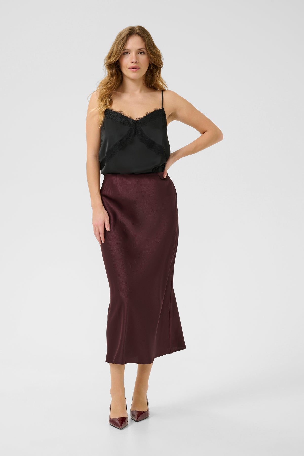 Kaffe Kalotte Fudge Burgundy Satin Slip Skirt