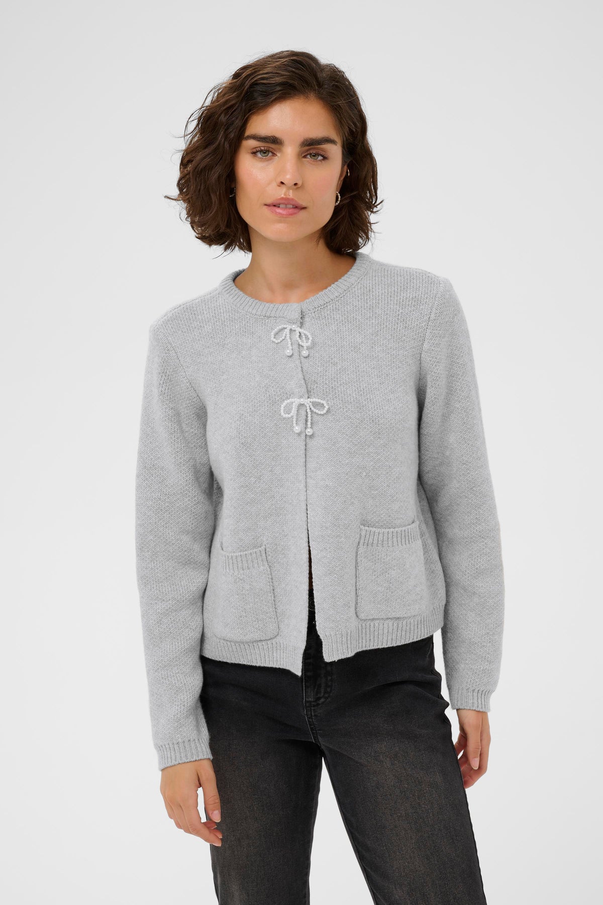 Kaffe Kabowie Grey Melange Pearl Bow Knitted Cardigan, 10510901