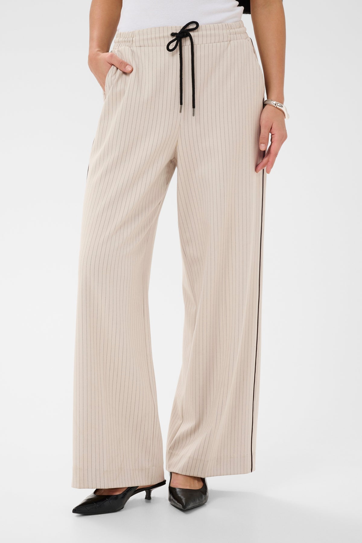 Kaffe Kaserena Beige Striped Wide Leg Trousers, 10511403
