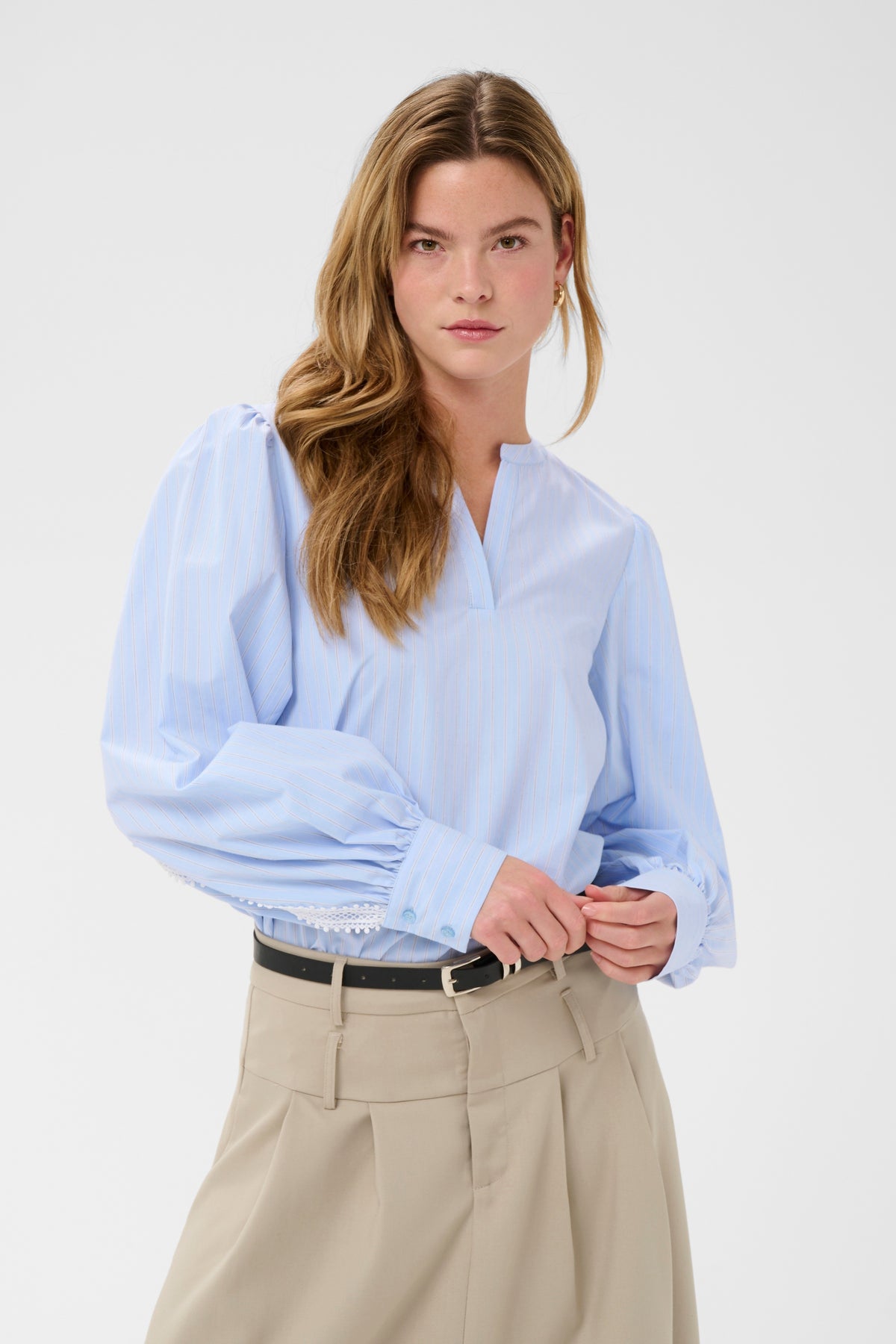 Kaffe Kajada Baby Blue Stripe V-Neck Blouse with Embroidered Back Detailing, 10511414