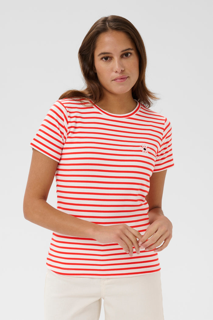 Kaffe Kaliddy Chalk/Poppy Red Striped T-Shirt with Embroidered Pink Flower, 10511591