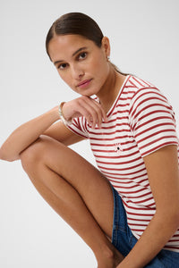 Kaffe Kaliddy Chalk/Henna Striped T-Shirt with Embroidered Pink Flower, 10511591
