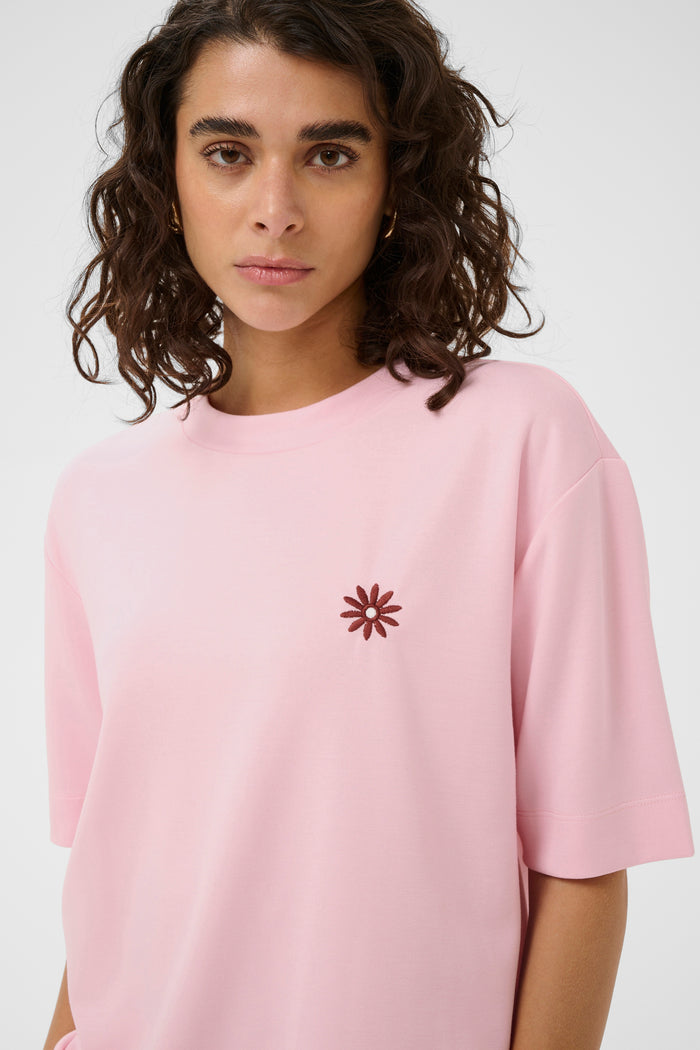Kaffe KaAnnie Ballerina Pink Boxy Fit T-Shirt with Embroidered Flower, 10511796