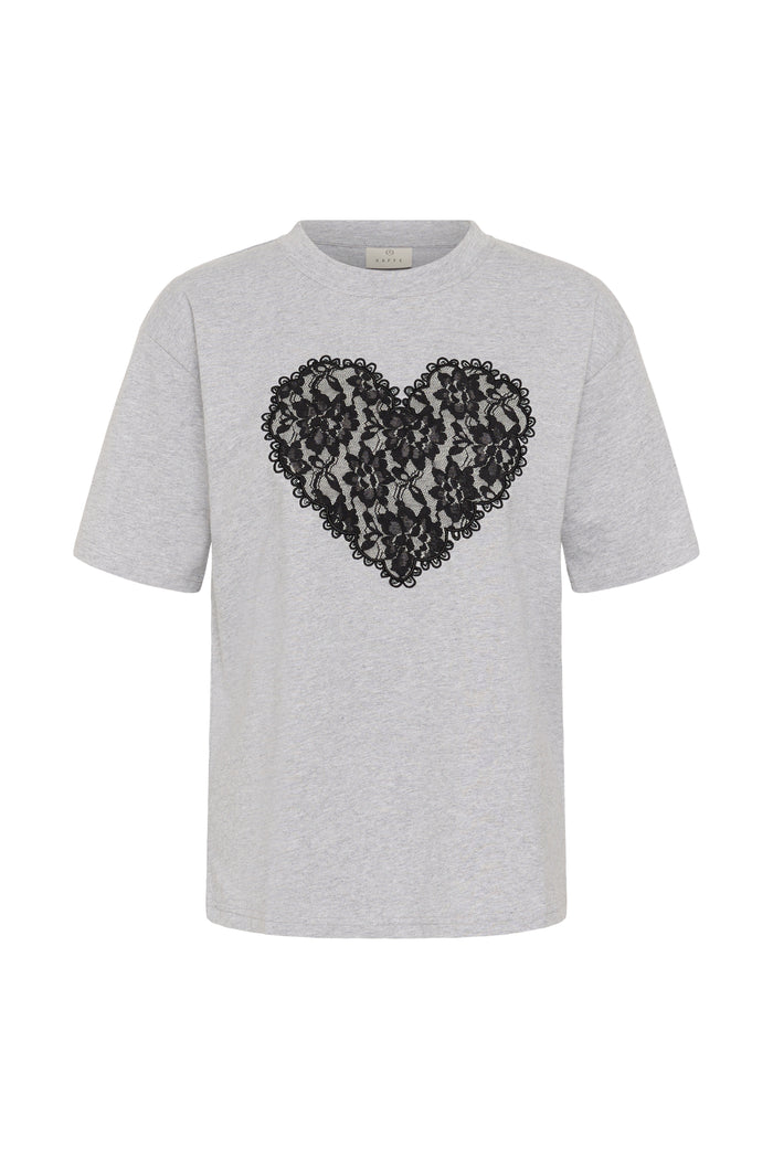 Kaffe Kagloria Grey Melange T-Shirt with Lace Heart