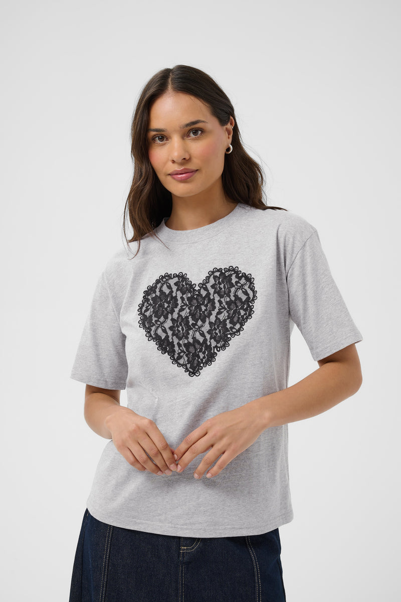 Kaffe Kagloria Grey Melange T-Shirt with Lace Heart