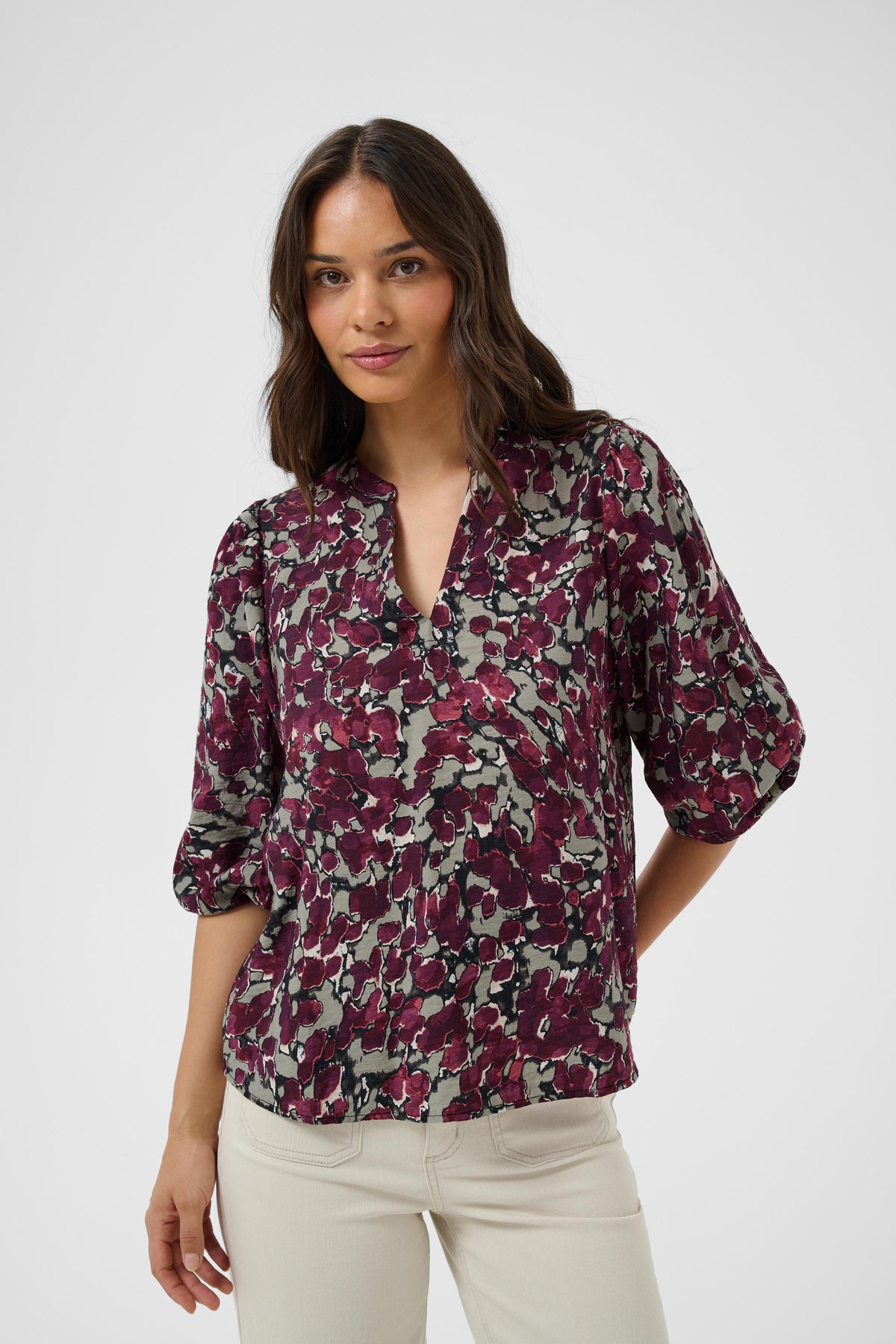 Kaffe Kasirena Fudge Abstract Animal Print V-Neck Blouse, 10512211