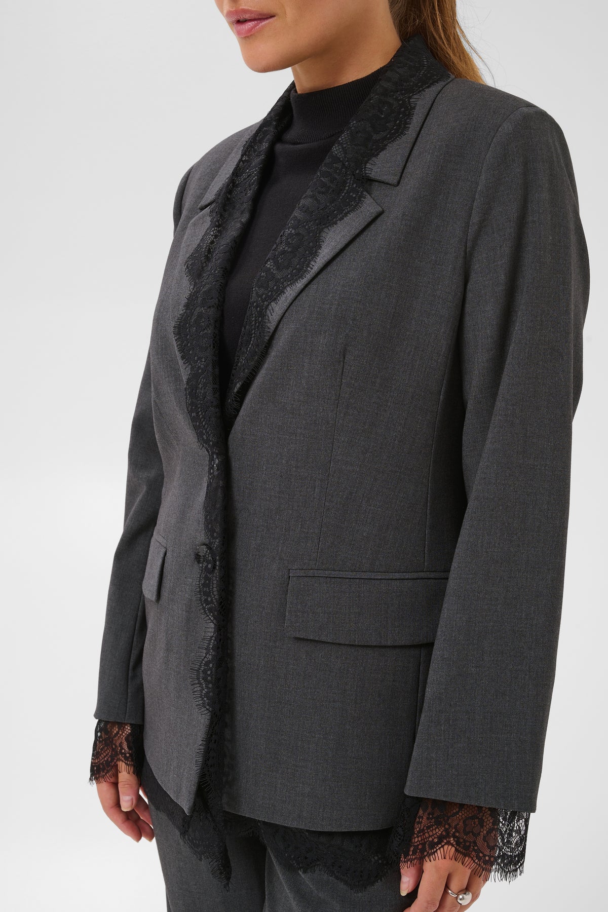Kaffe Karielle Grey Melange Single Breasted Blazer with Lace Detailing, 10512351