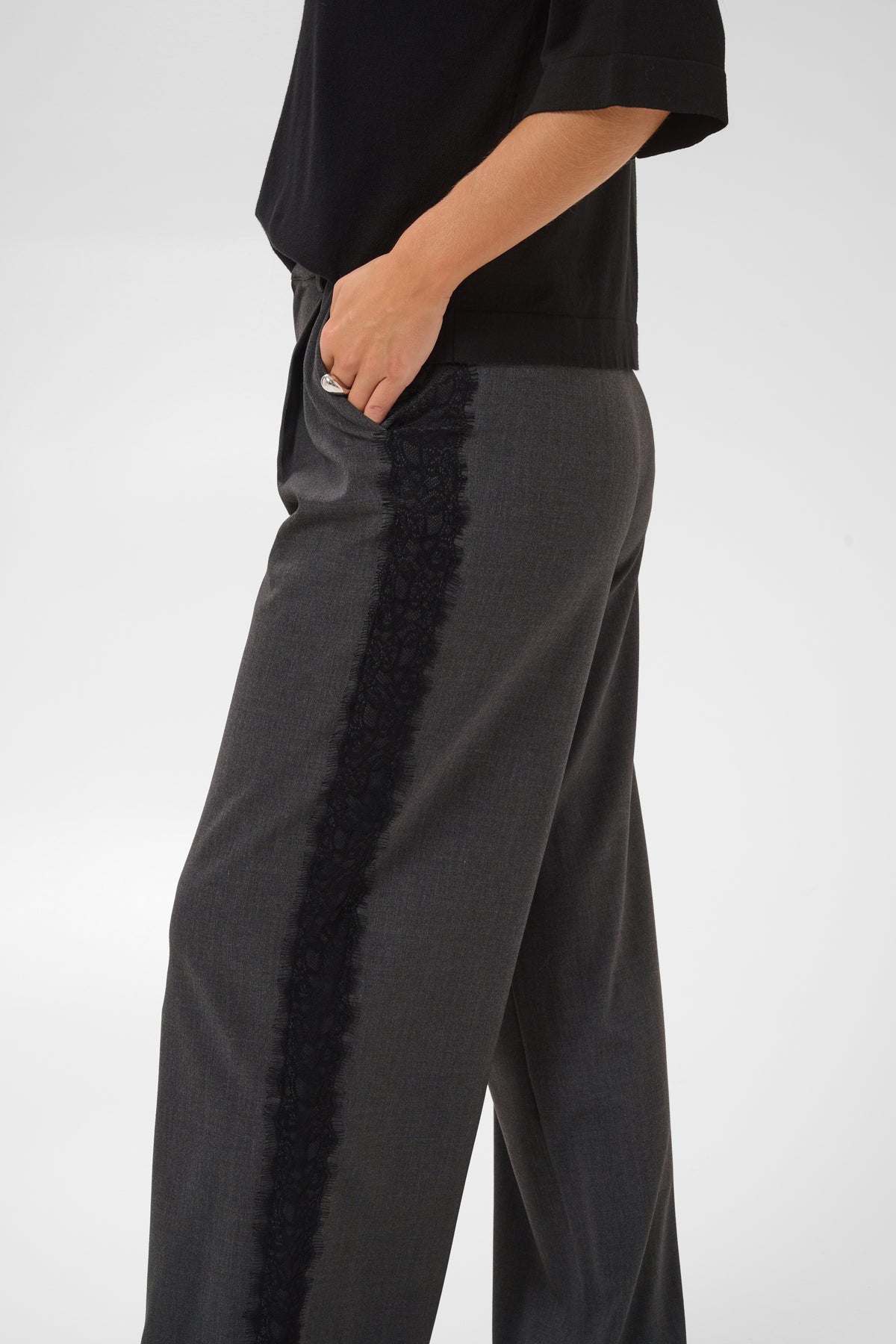 Kaffe Karielle Grey Melange Highwaisted Wide Leg Trousers with Lace Detailing