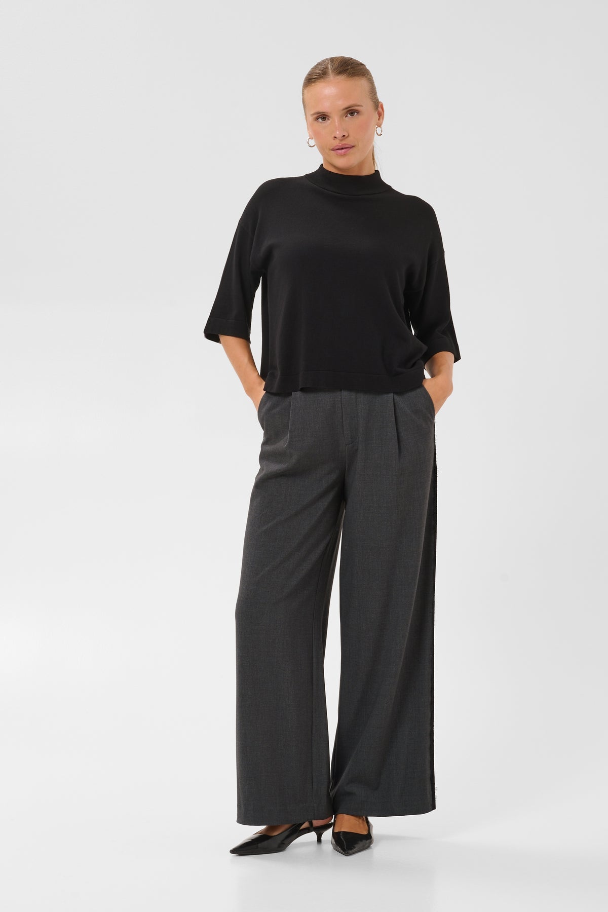 Kaffe Karielle Grey Melange Highwaisted Wide Leg Trousers with Lace Detailing