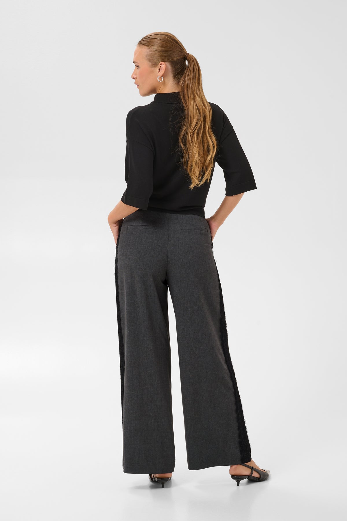 Kaffe Karielle Grey Melange Highwaisted Wide Leg Trousers with Lace Detailing