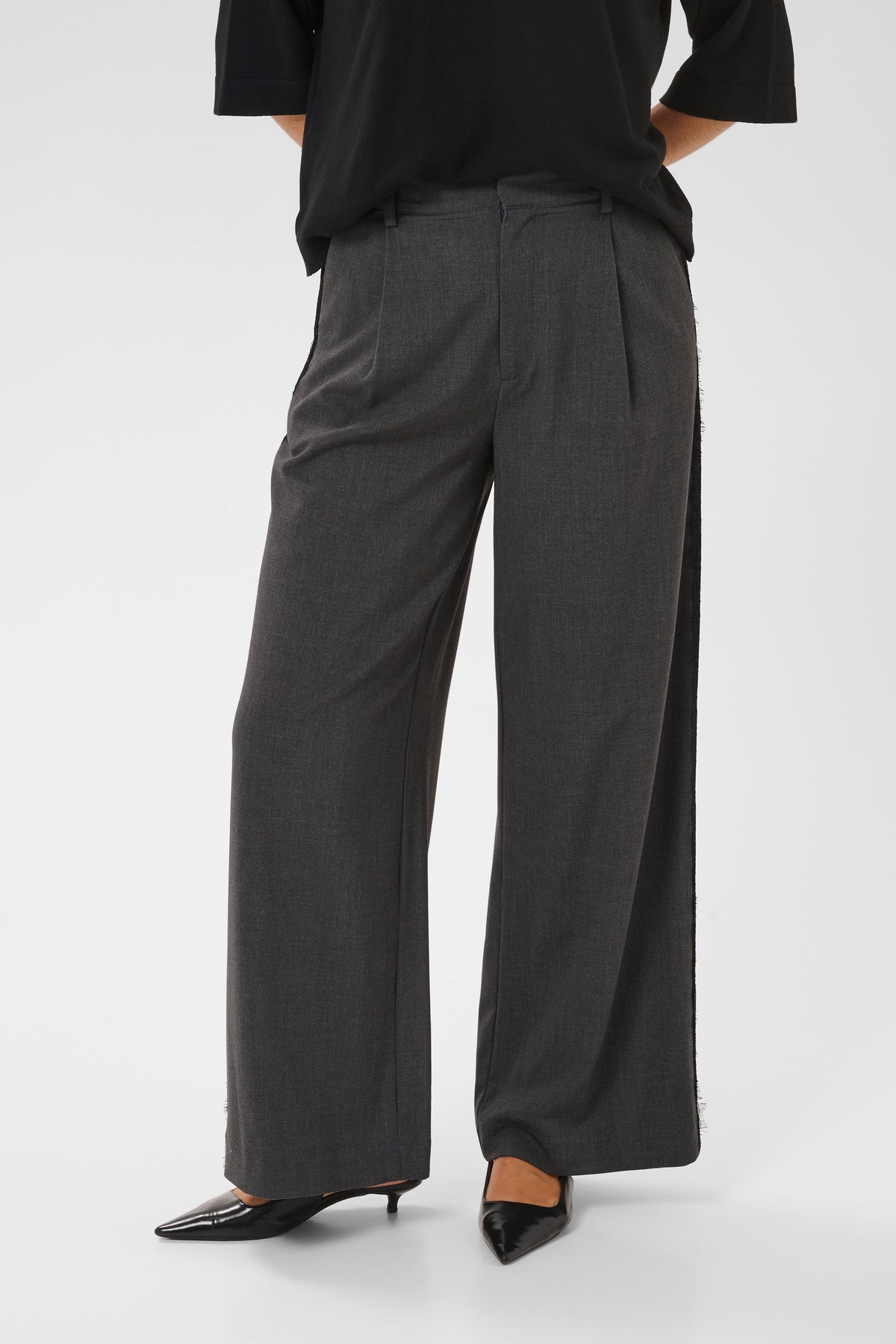 Kaffe Karielle Grey Melange Highwaisted Wide Leg Trousers with Lace Detailing