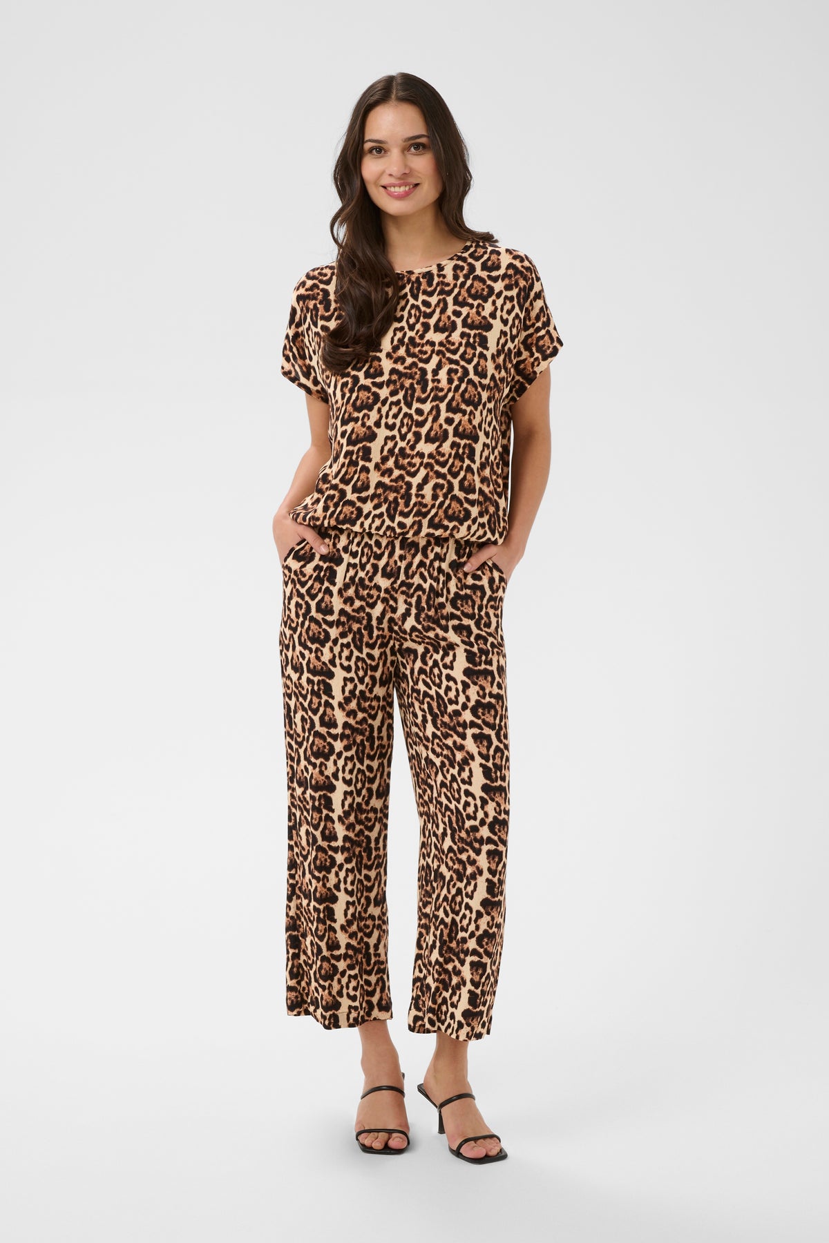 Kaffe Kalokia Natural Leopard Print Elasticated Hem Blouse, 10551852
