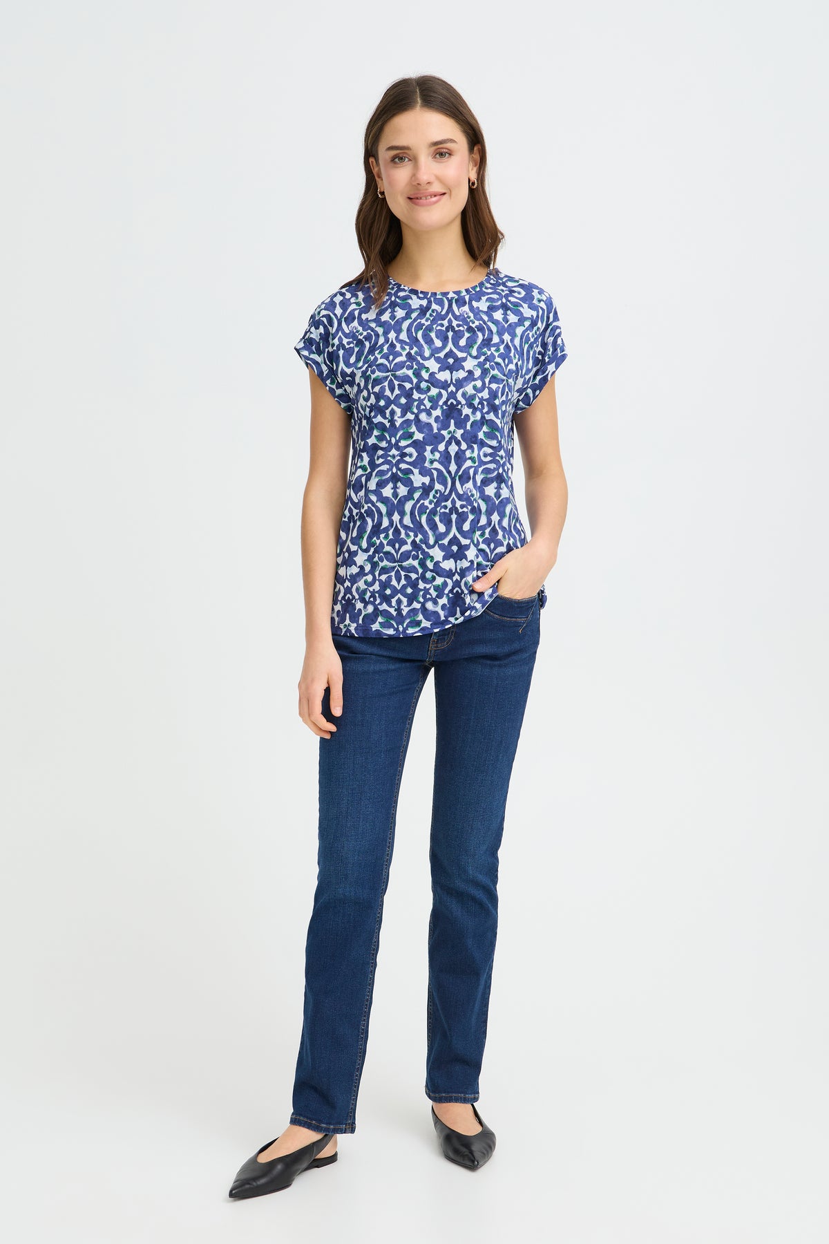 Fransa FrSeen Cobalt Navy Blue Printed T-Shirt