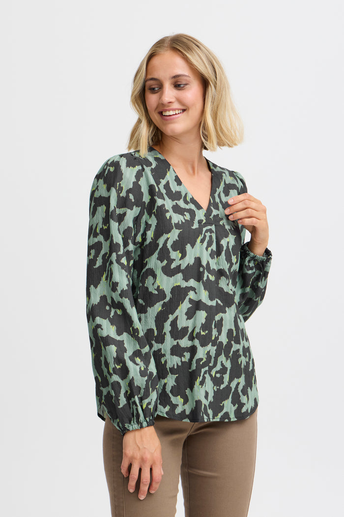 Fransa Frlelu Green Bay Leopard Print V-Neck Blouse, 20614115