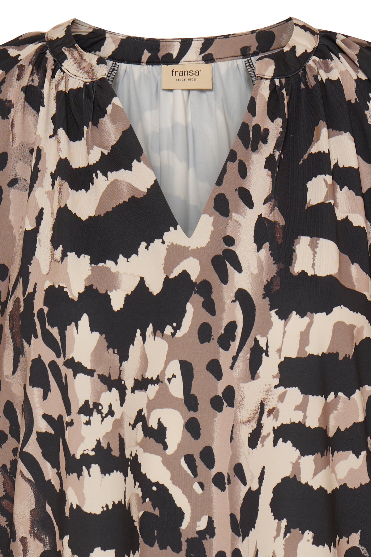 Fransa FRSeen Abstract Driftwood Taupe Leopard V-Neck Jersey Top, 20618221
