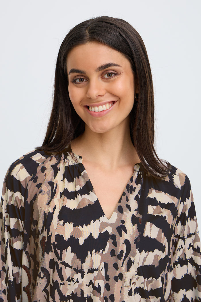 Fransa FRSeen Abstract Driftwood Taupe Leopard V-Neck Jersey Top, 20618221