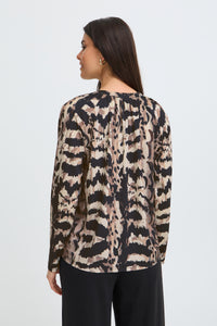 Fransa FRSeen Abstract Driftwood Taupe Leopard V-Neck Jersey Top, 20618221
