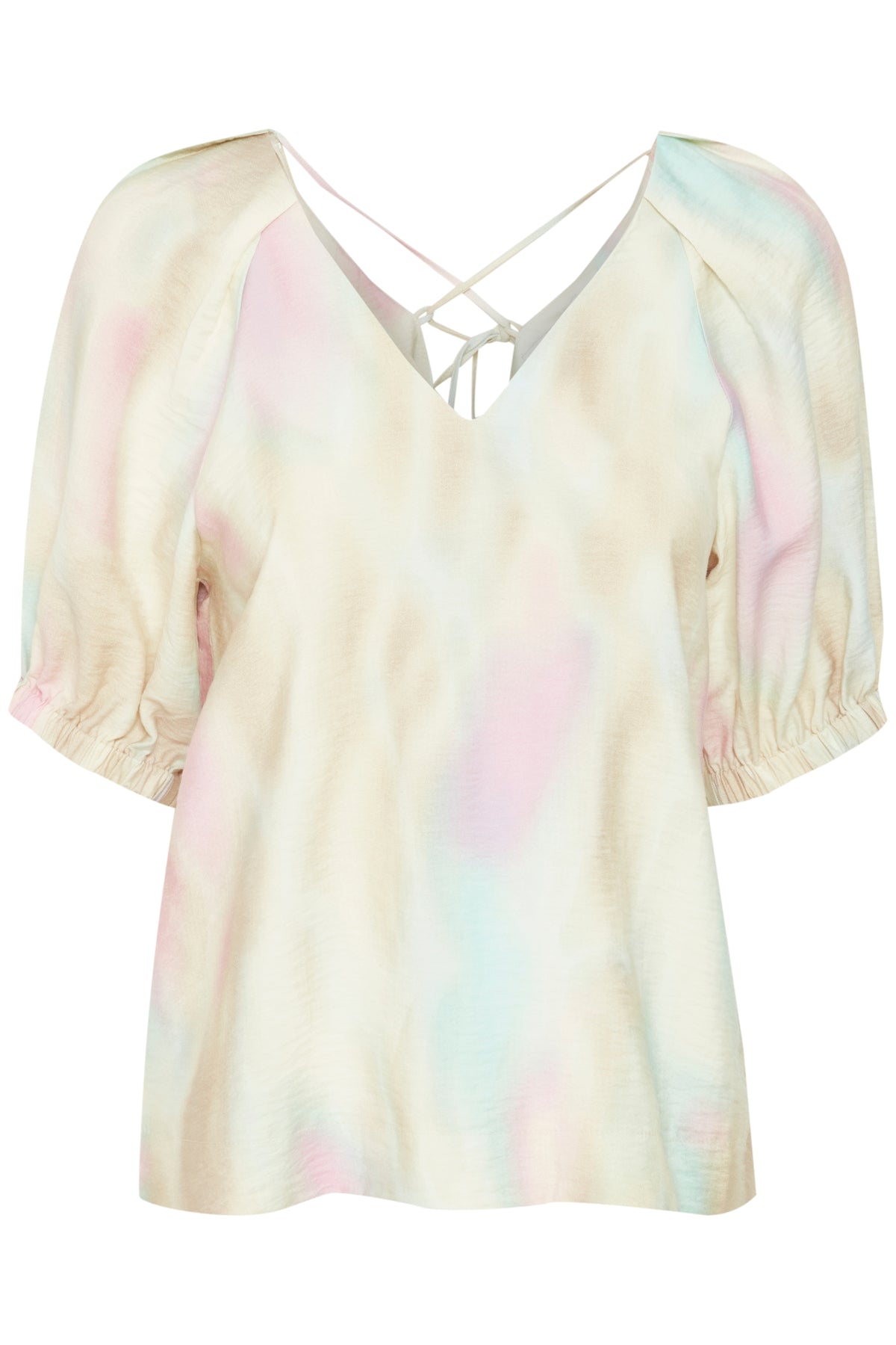 B.Young Byihamma Blue/Pink Tint Mix V-Neck Blouse, 20814546