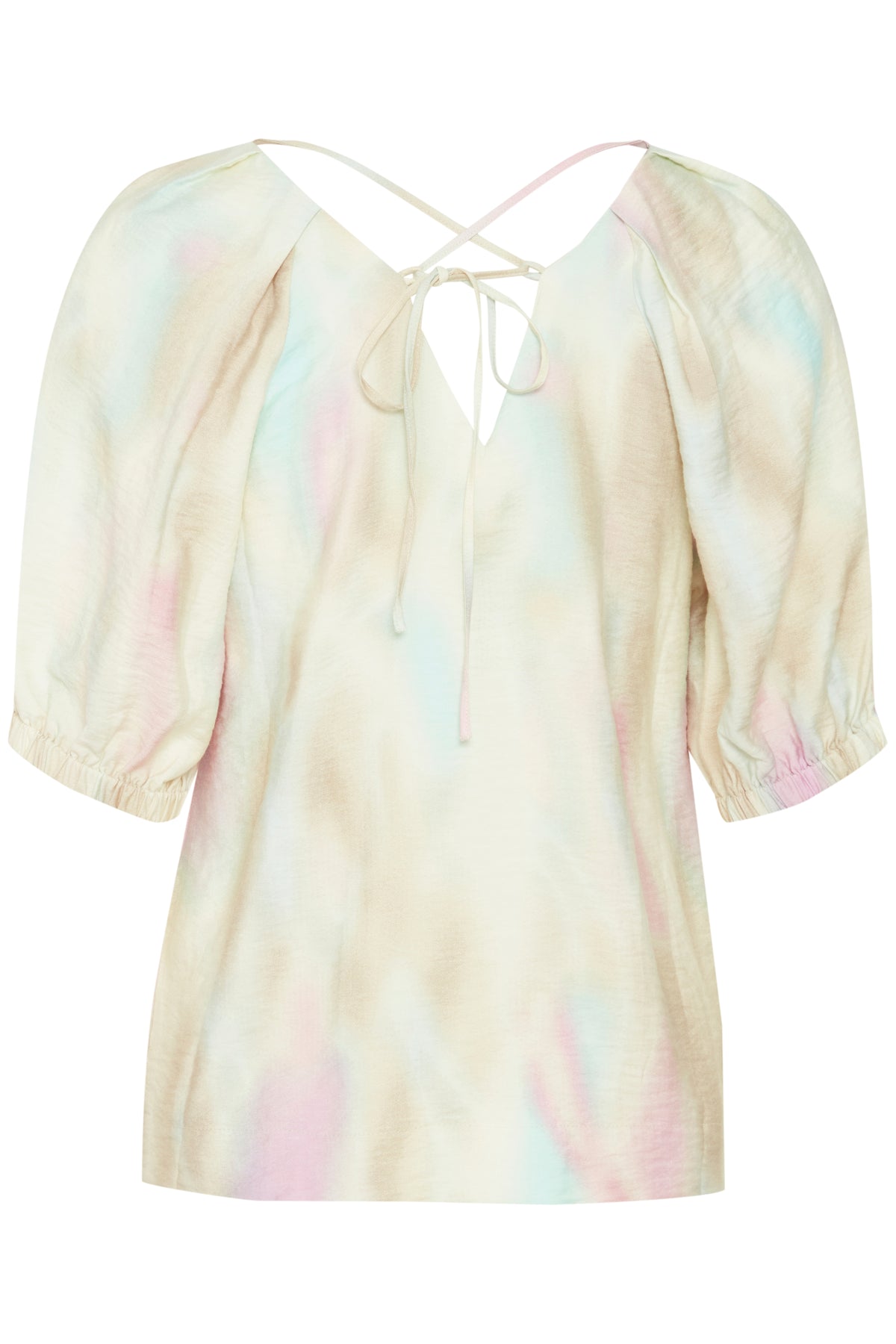 B.Young Byihamma Blue/Pink Tint Mix V-Neck Blouse, 20814546