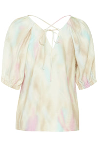 B.Young Byihamma Blue/Pink Tint Mix V-Neck Blouse, 20814546