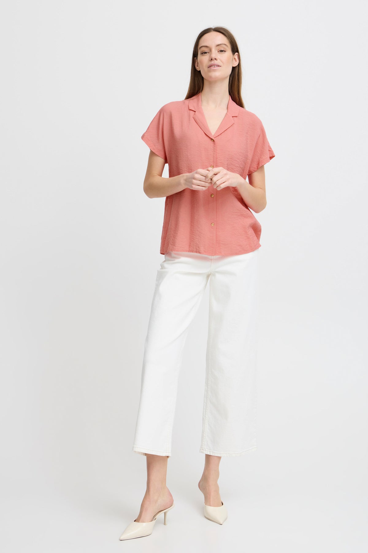 B.Young Jenica Strawberry Pink Short Sleeve Button Top, 20814916