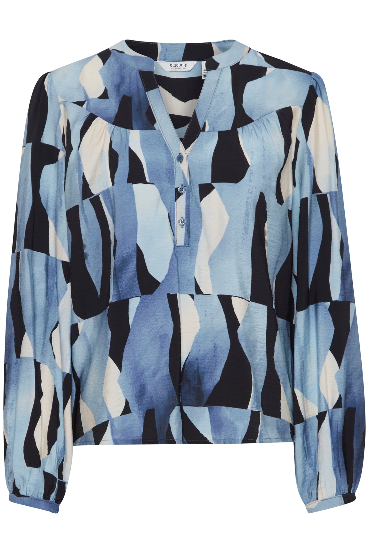 B.Young Byibine V-Neck Dusty Blue Abstract Mix Blouse, 20815234