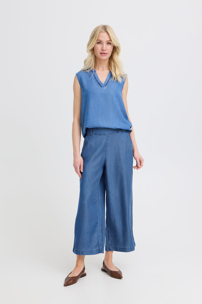 B.Young ByKosmo Mid Blue Denim Wide Leg Cropped Trousers, 20818793
