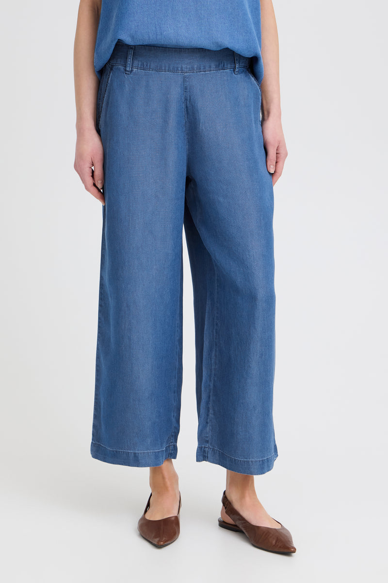 B.Young ByKosmo Mid Blue Denim Wide Leg Cropped Trousers, 20818793