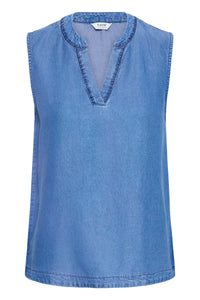 B.Young ByKosmo Mid Blue Denim Embroidered V-Neck Blouse