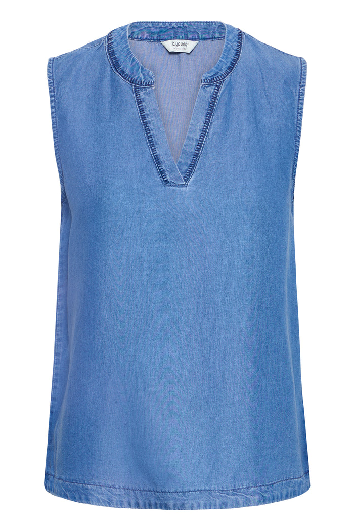 B.Young ByKosmo Mid Blue Denim Embroidered V-Neck Blouse