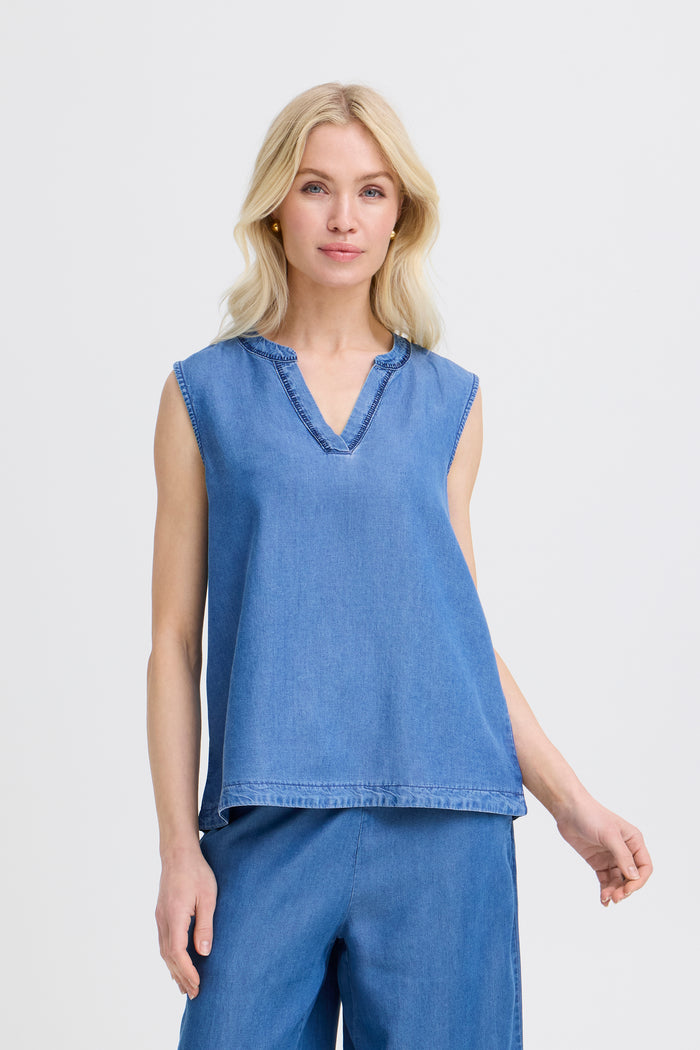 B.Young ByKosmo Mid Blue Denim Embroidered V-Neck Blouse