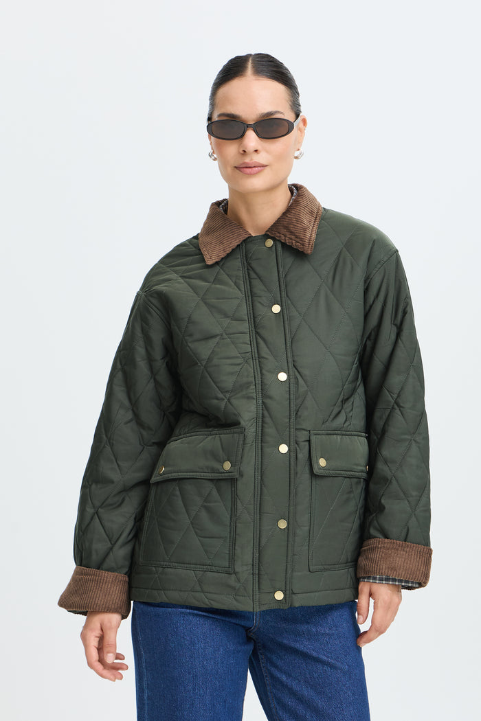 B.Young ByBellini Khaki Quilted Coat with Tan Cuffs