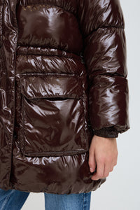 B.Young ByIbina Java Brown Patent Puffa Coat with Hood