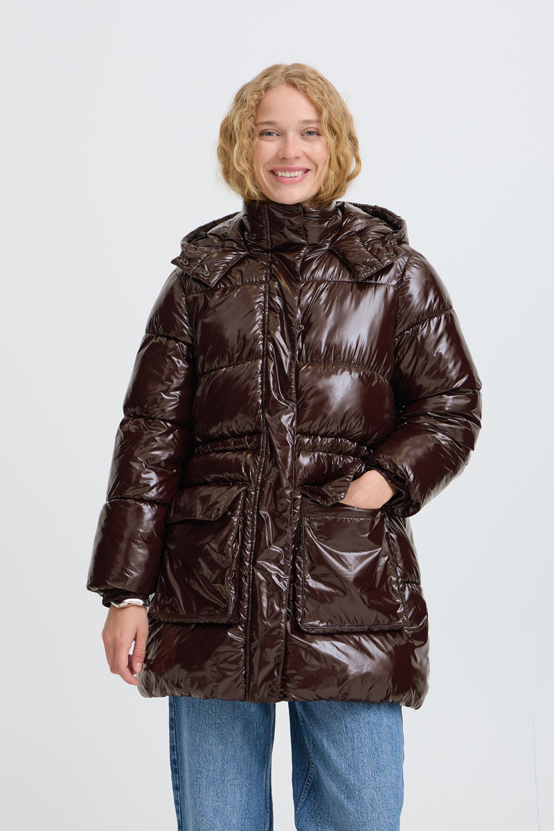 B.Young ByIbina Java Brown Patent Puffa Coat with Hood