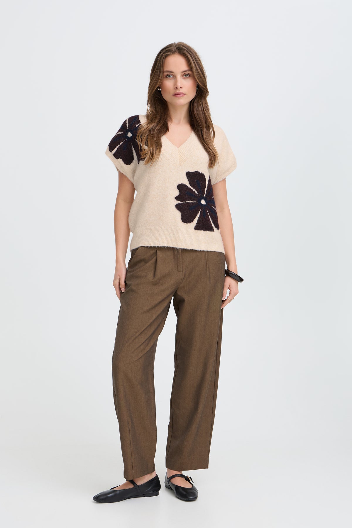 B.Young ByOmea Java Brown Flower V-Neck Knit