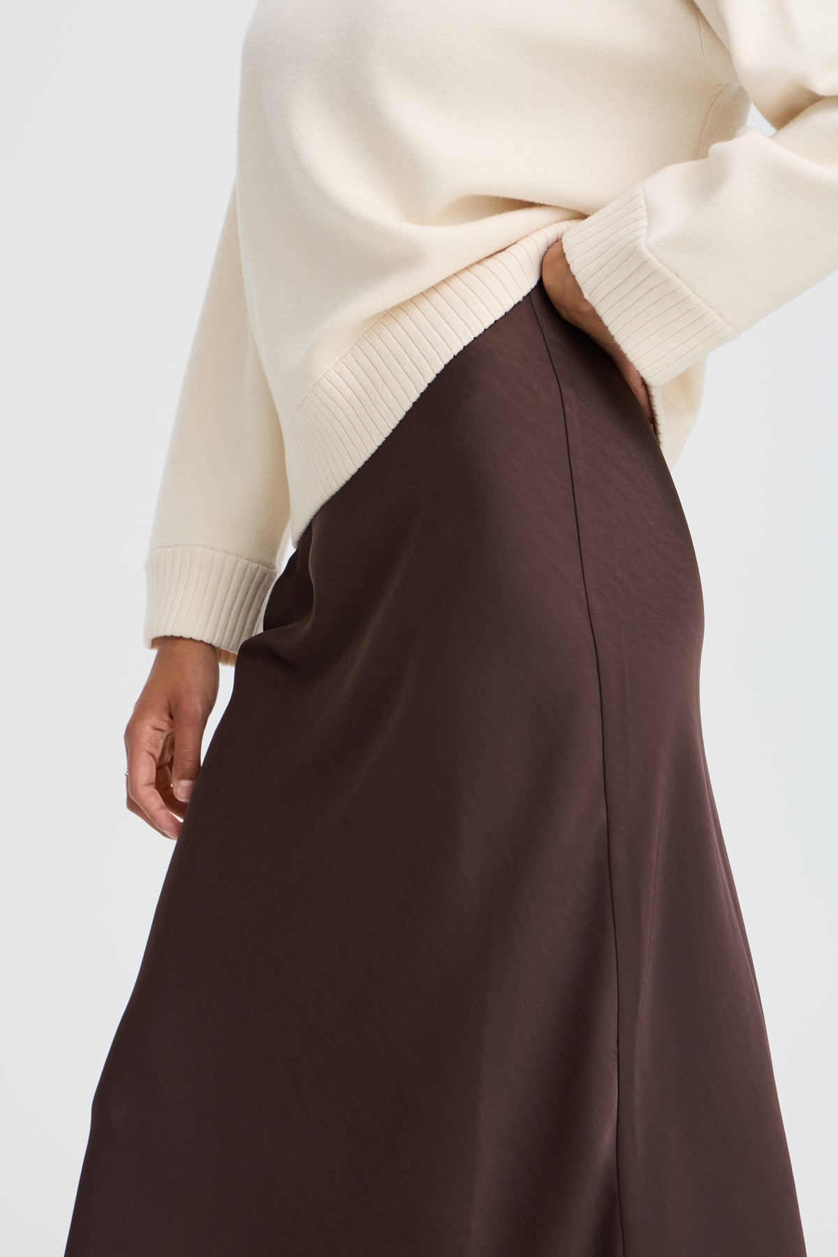 B.Young ByDacanna Java Brown Satin Slip Midi Skirt