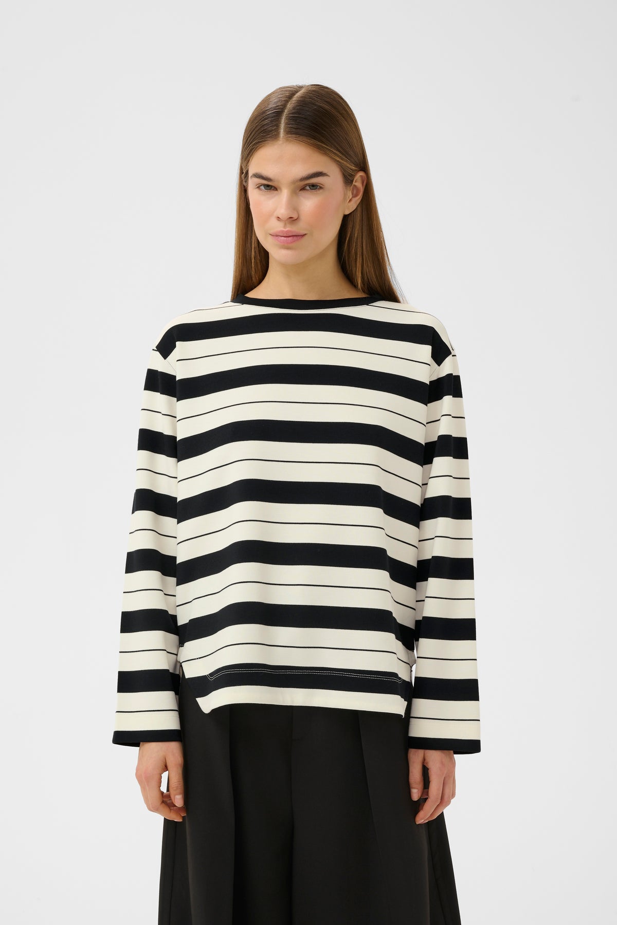 InWear Gincent Whisper White/Black Stripe Modal Supersoft Dipped Hem Sweatshirt, 30108654