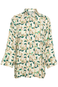 InWear Beril Green Geometric Printed Oversized Longline Shirt