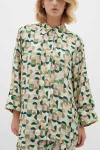 InWear Beril Green Geometric Printed Oversized Longline Shirt