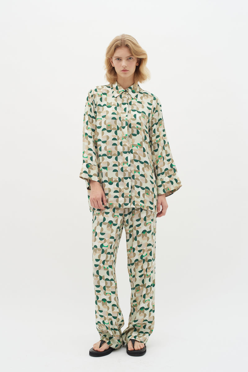 InWear Beril Green Geometric Printed Oversized Longline Shirt