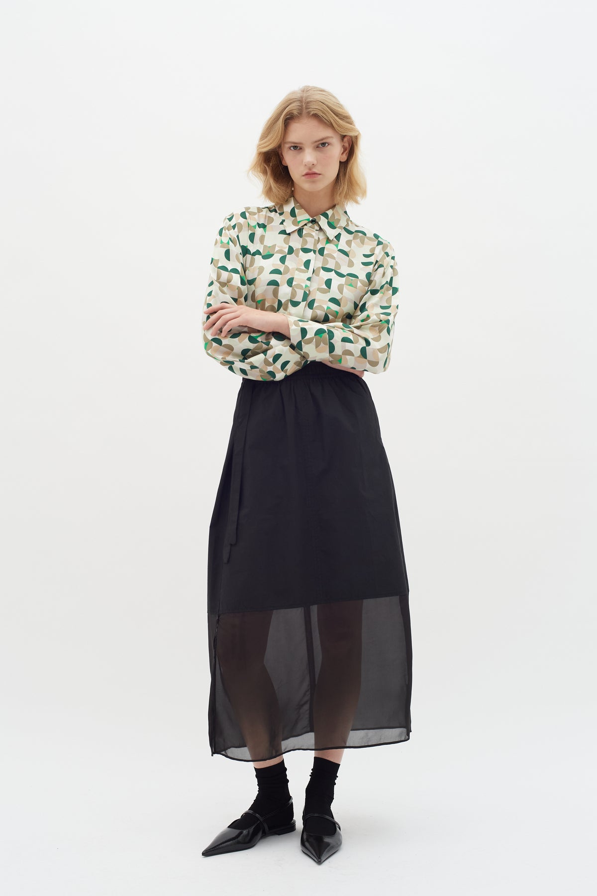 InWear Beril Green Geometric Printed Oversized Longline Shirt