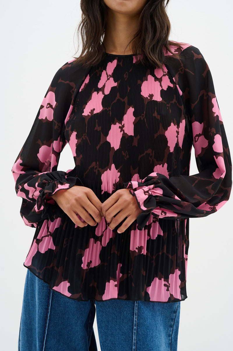 InWear Mendra Cashmere Pink Flower Plisse Oversized Blouse, 30109660