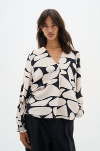 InWear Metta Stone/Black Abstract V-Neck Blouse, 30109668