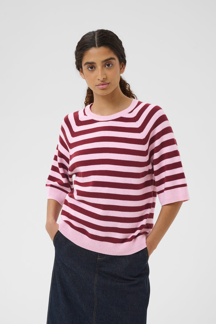 InWear MadieIW Baby Pink/Burgundy Stripe Knitted T-Shirt Pullover, 30112398